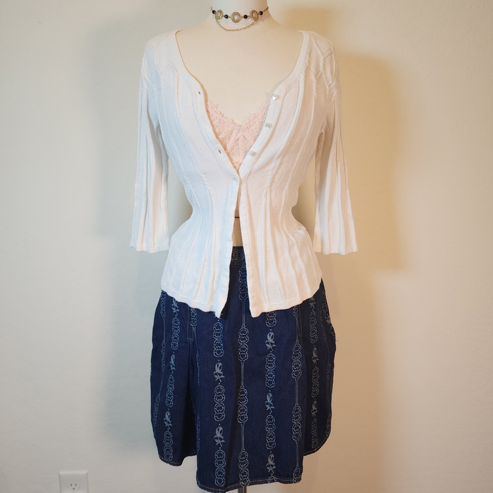 Tory Burch Womens Blue Gemini Jacquard Denim Mini Skirt A-Line Pleated Sz‎ 12 - Picture 2 of 7